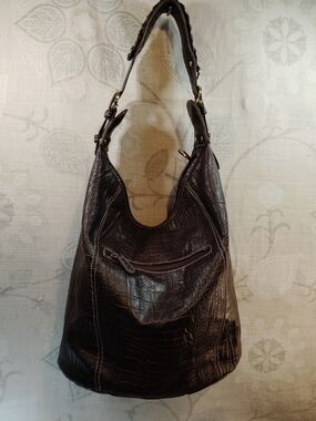 Dark Brown Faux Leather Croc-Texture Shoulder Bag - Unbranded